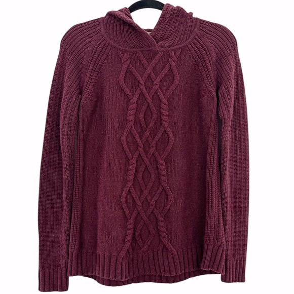 Athleta Sweaters - Athleta Merino Wool Cable Knit Hoodie Sweater Medium Burgundy Soft Warm Pullover
